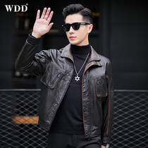 Genuine Leather Jacket Mens Cowhide Short Lapel Slim Motorcycle Leather Jacket Handsome Trendy Fashion Single Skin Thin Coat