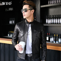 New Haining mens leather jacket short collar goatskin leather clothing Korean version of slim youth casual coat tide