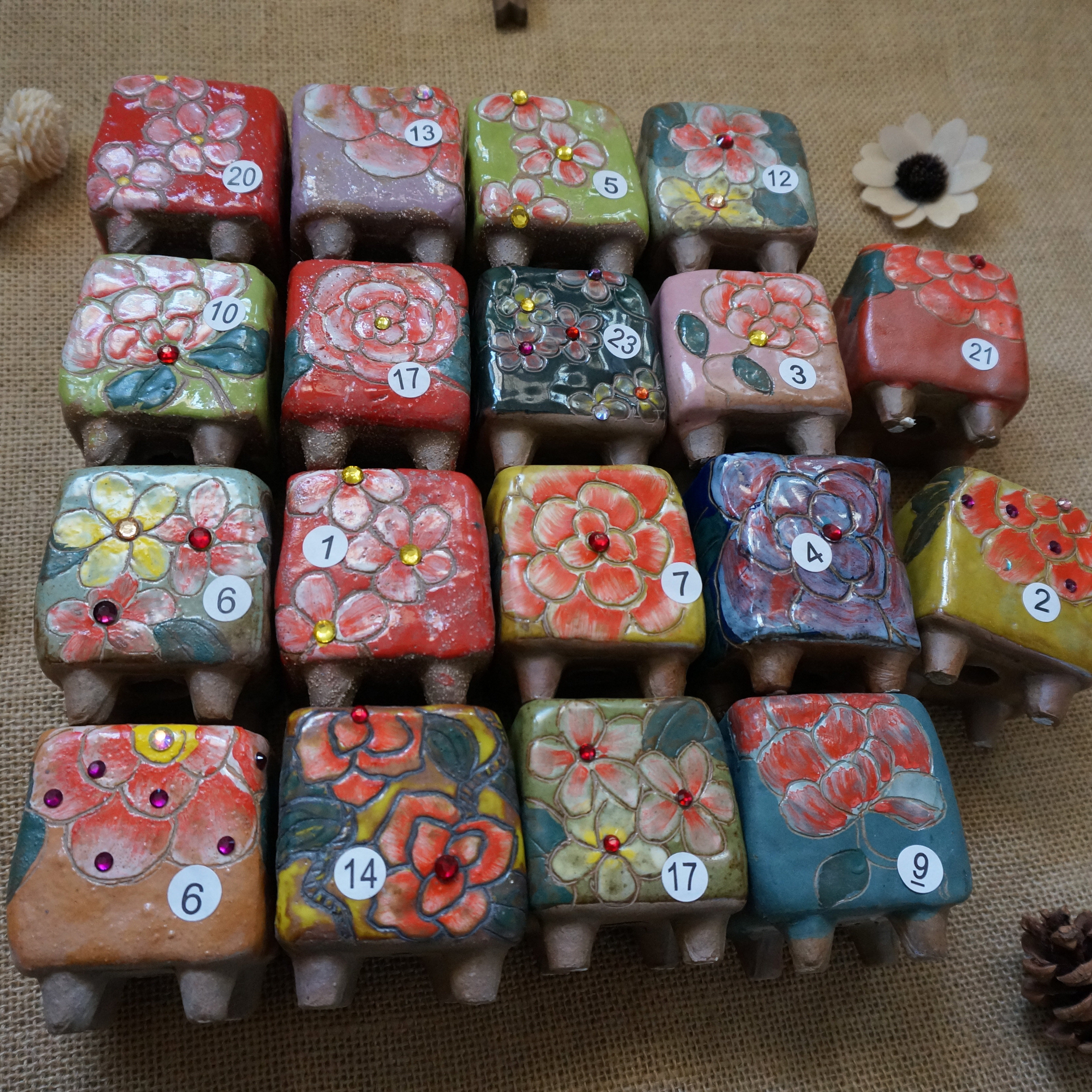 手工多肉创意韩式带足四角陶瓷多肉植物拇指控根透气粗陶手绘花盆