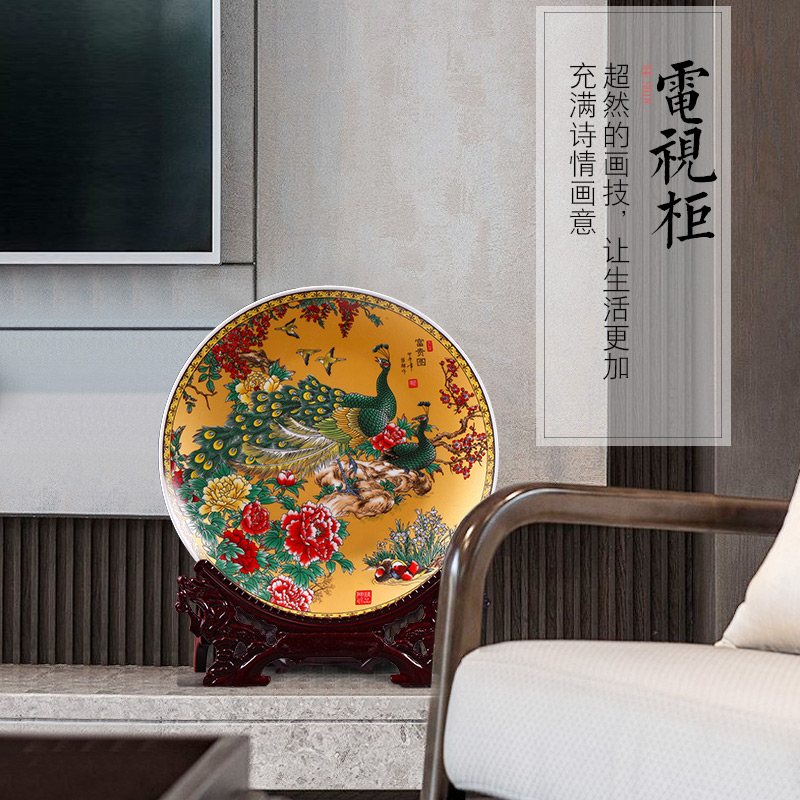 Jingdezhen ceramics powder enamel peacock figure household rich ancient frame decorative plate is placed in the sitting room porch hang dish