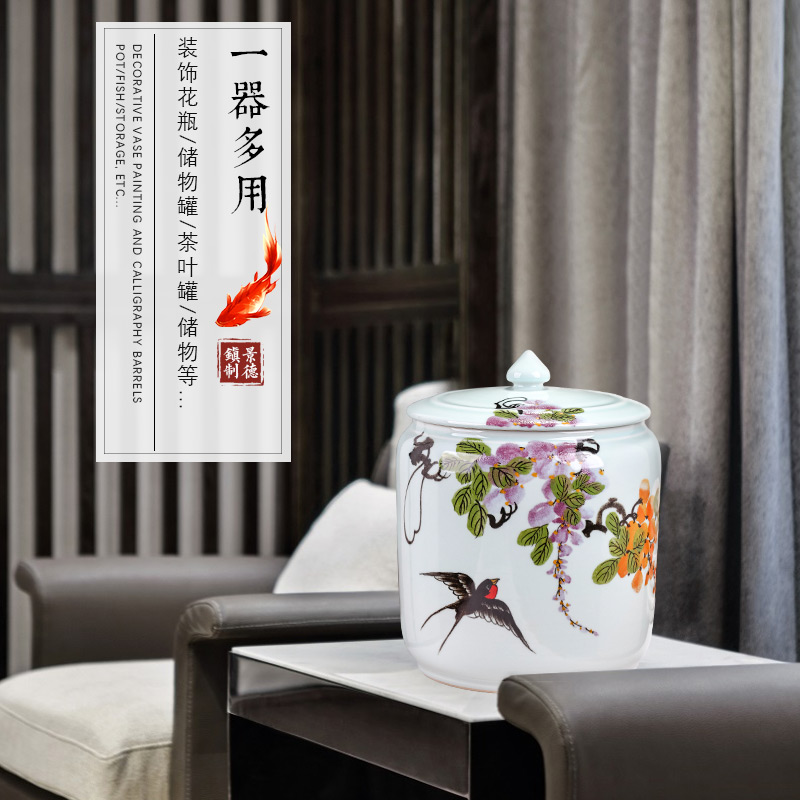 Jingdezhen ceramic barrel hand - made home with cover 15 pounds 25 kg pack insect - resistant seal cylinder storage tank tea