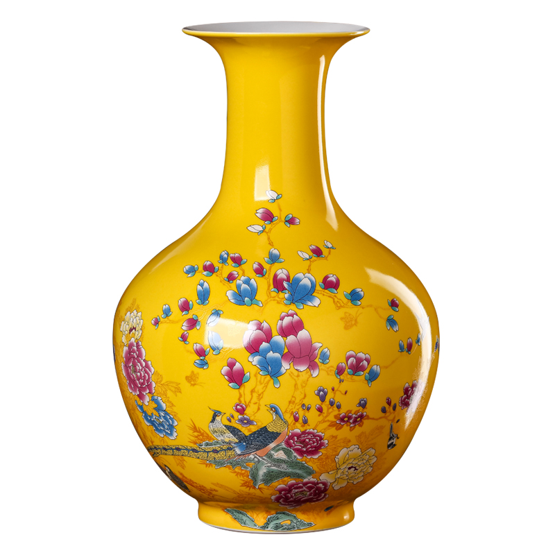 Jingdezhen ceramics yellow vase furnishing articles of new Chinese style household adornment flower arranging rich ancient frame handicraft sitting room