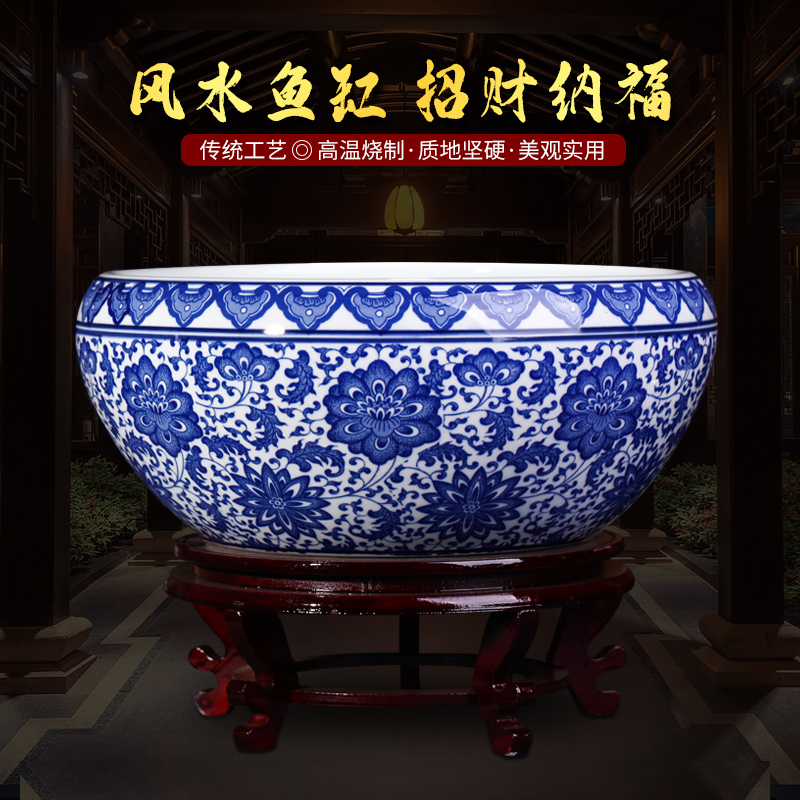 Blue and white porcelain of jingdezhen ceramics flowerpots furnishing articles large shallow goldfish bowl Chinese style household tortoise cylinder accessories