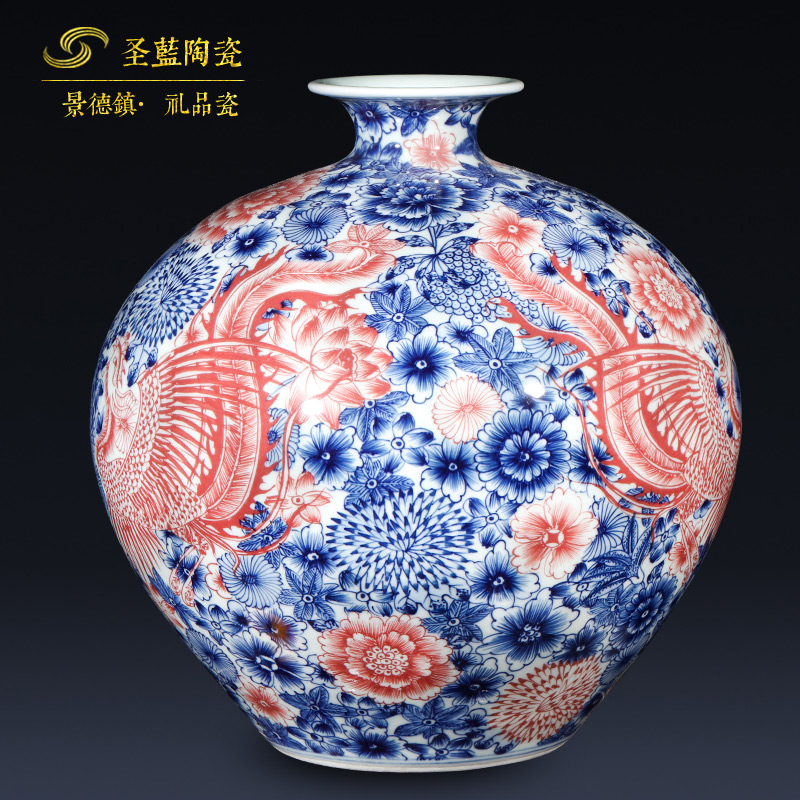 Jingdezhen ceramics imitation qianlong hand - made double phoenix Chinese blue and white porcelain vase sitting room home furnishing articles