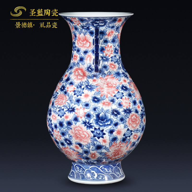 Jingdezhen ceramics imitation qianlong hand - made the ears of the blue and white porcelain vase Chinese style restoring ancient ways wine TV ark, furnishing articles