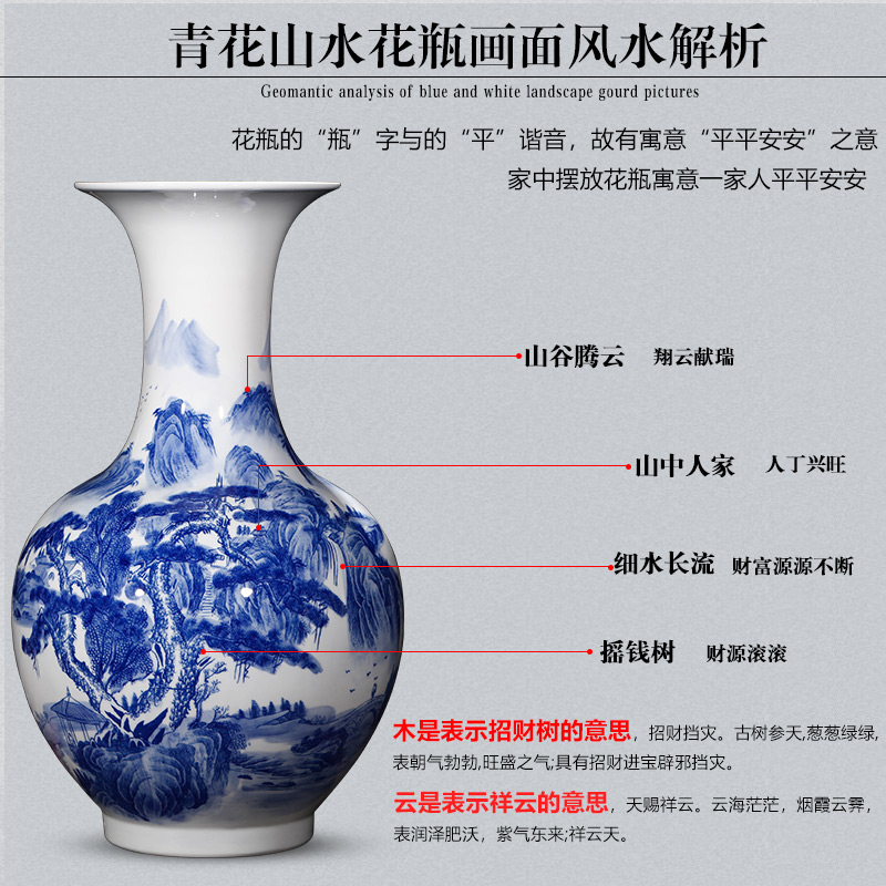 Jingdezhen ceramics antique landscape painting of large blue and white porcelain vase flower Chinese style household adornment furnishing articles