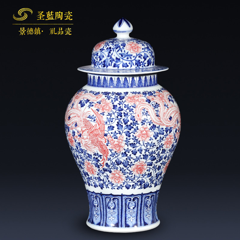 Antique blue and white porcelain of jingdezhen ceramics general tank storage jar with a lid Chinese ancient frame is placed in the living room