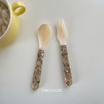 ins French retro natural shell spoon flower handle fritillary dessert snack spoon small fork photo props tableware