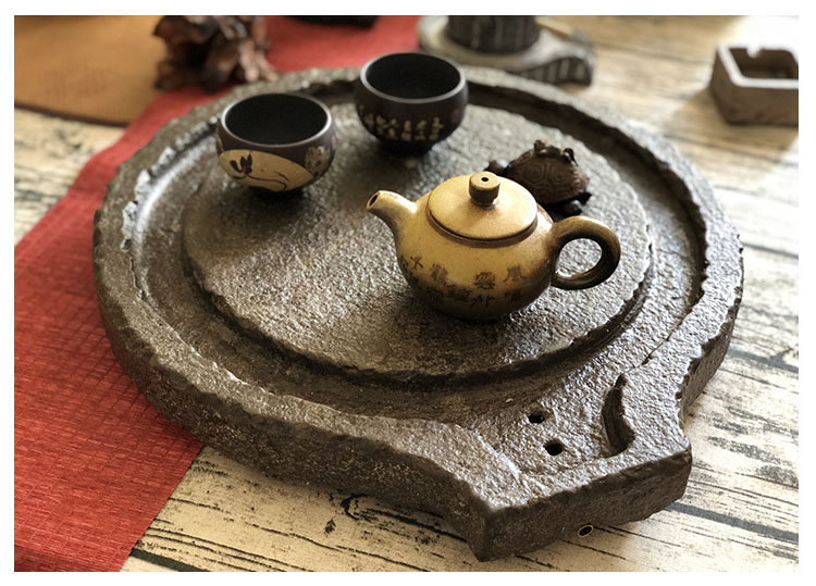 天然石材石头茶盘青石复古石磨茶具石茶台茶海家用简约圆形泡茶器