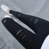 Perforated leggings leggings 2021 spring and summer high waist elastic cut loose fit tight outer wear thin pencil pants