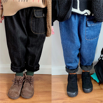 Tongtong mother boy pocket cotton jeans boys baby plus velvet loose dad jeans childrens trousers winter wear