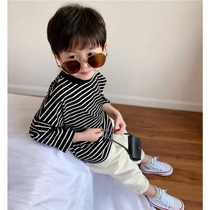 Tong Tong Mom Boy girl Korean version loose cotton striped T-shirt Childrens bottom baby soft waxy top autumn