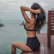 New black sexy bikini small chest gathered chest steel bracket thickened high waist cover belly split body spring swimsuit women