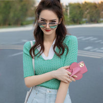 Hong Kong counter 2021 summer new ice silk short sleeve knitwear T-shirt shirt top female star with jacquard slim