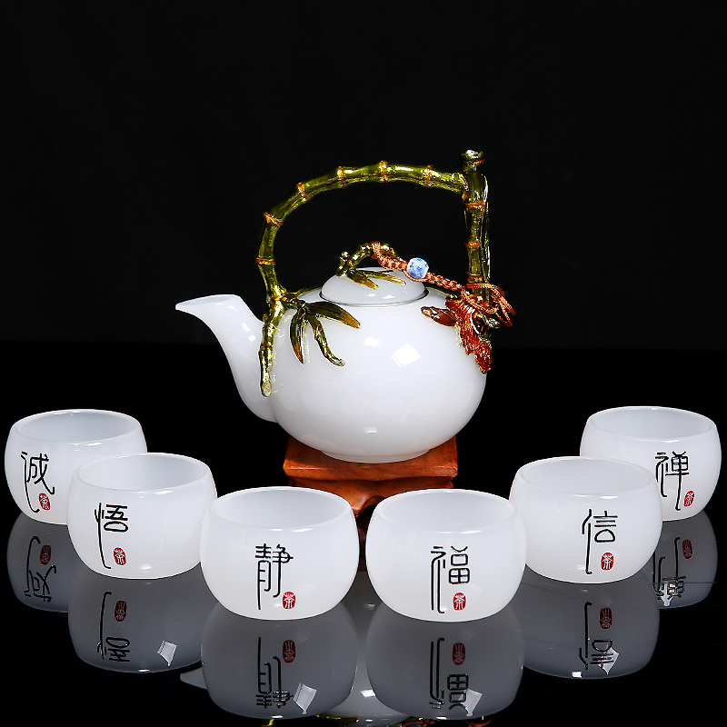 Colored enamel glaze jade white porcelain tea set manually set household contracted and I kung fu tea pot set of tea cups