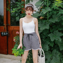 2020 new one-piece swimsuit female Conservative students flat corner belly thin sports swimming swimsuit lattice pants two-piece set