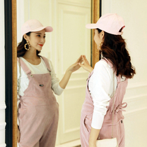 Pregnant womens bib suit tide mother corduroy black long-sleeved large size womens pregnant summer pink belly pants