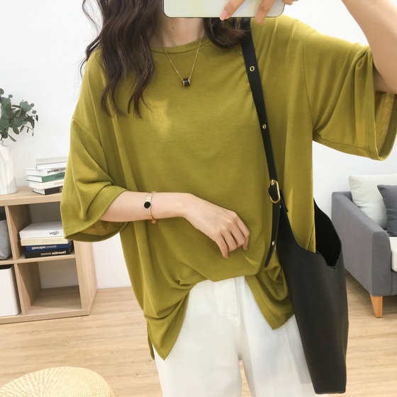 여름 새로운 부드럽고 시원한 얼음 실크 느슨한 오사카 분할 단색 짧은 티셔츠 여성 플러스 사이즈 캐주얼 반팔 탑 여름 새로운 부드럽고 시원한 얼음 실크 느슨한 오사카 분할 단색 짧은 티셔츠 여성 플러스 사이즈 캐주얼 반팔 탑
