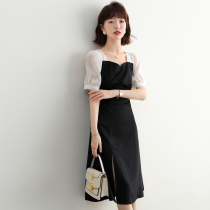 FENPERATE temperament retro black advanced sensation cashew with elegant A-word splicing snow-spinning dress woman