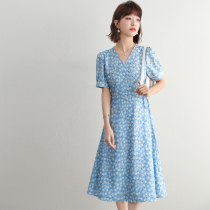FENPERATE French style blue Romantic Elegant Tea Hysteria for women Summer New products Aging Daisy Printed Snowspun Dresses