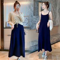 Pregnant womens autumn suit fashion out two-piece set Net red ocean air thin knee long skirt long dress