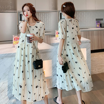 Pregnant womens long dress summer fashion foreign style maternity dress retro milk yellow rose flocking fold medium long dress