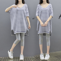 Pregnant womens summer suit out of fashion Net red ocean air cover belly thin stripes two-piece casual short sleeve