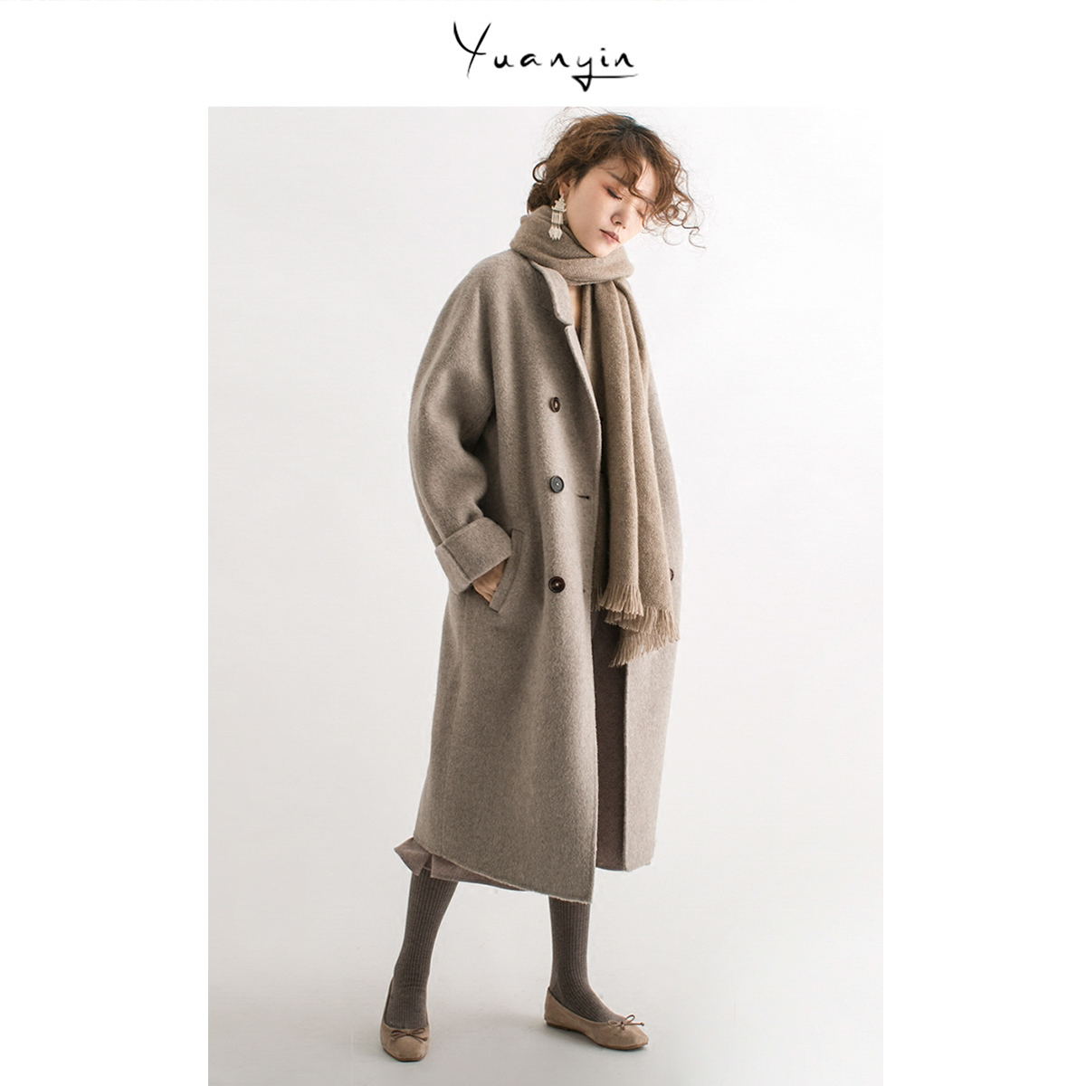 Original hidden retro winter Hepburn camel mid-length version Albaka double-breasted double-sided fleece wool coat woolen coat women