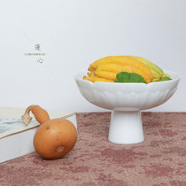 (Lotus Heart) handmade Jade mud white porcelain carving lotus petal Chinese high-foot tea point plate Zen high foot snack plate clear