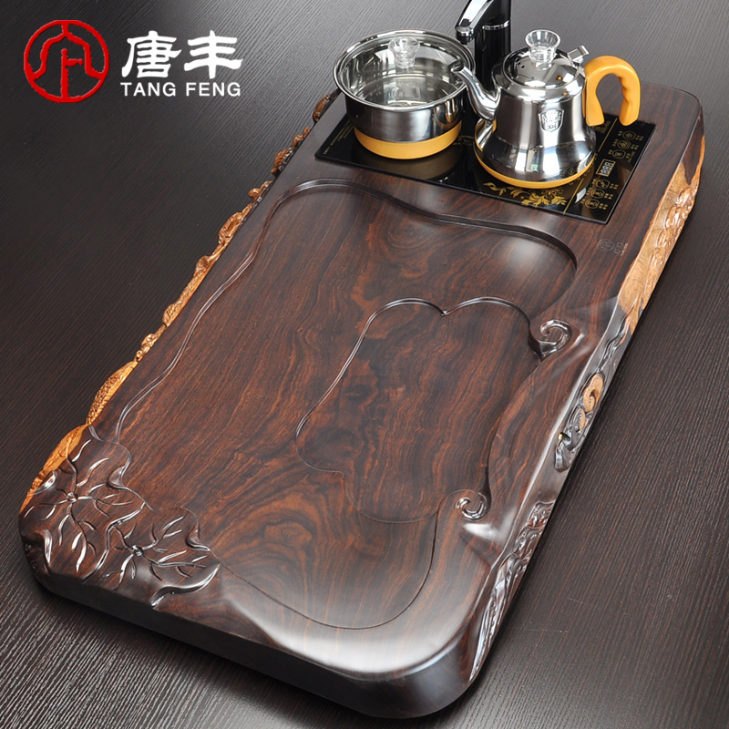 Tang Feng upset the whole board half manual edge carving large ebony wood tea table ground automatic water heating furnace z