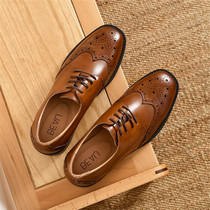2022 autumn British style medium heel small leather shoes womens retro leather brogue womens shoes square toe thick heel oxford shoes women