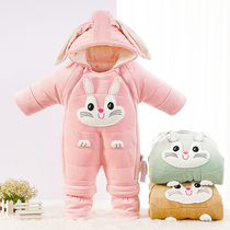 Baby winter thickened jumpsuit Newborn warm cotton-padded clothes outside suit velvet hug men and women baby foot suit