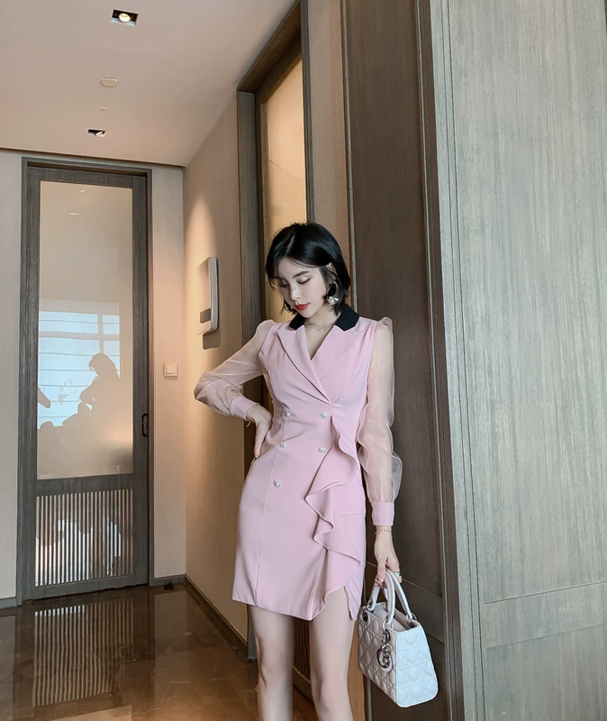Mùa thu mới của phụ nữ Nhật Bản váy hai dây ngực màu hồng cánh sen phong cách phương tây nhẹ sang trọng phụ nữ khí chất váy lưới - váy đầm