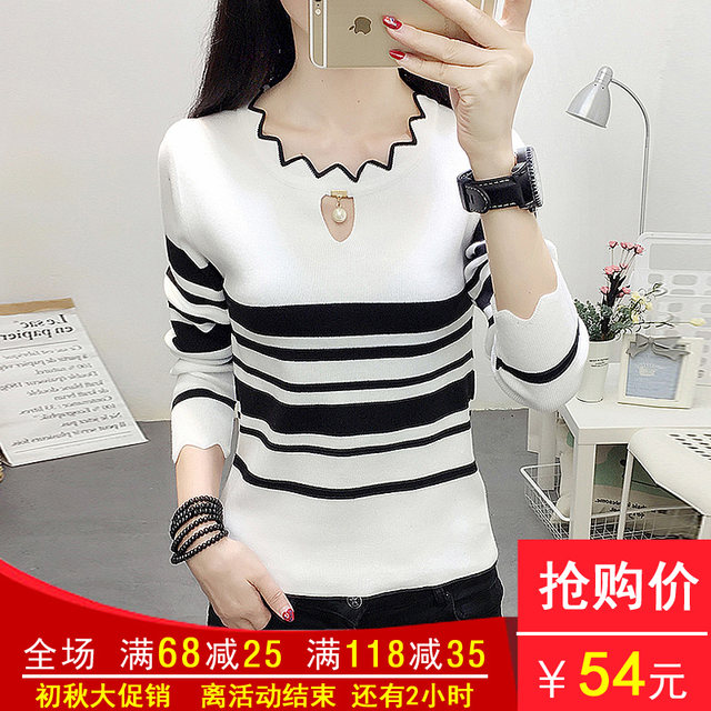 New all-match slim-fit pullover round neck striped long-sleeved color matching wavy top bottoming sweater sweater women trend New all-match slim-fit pullover round neck striped long-sleeved color matching wavy top bottoming sweater sweater women trend
