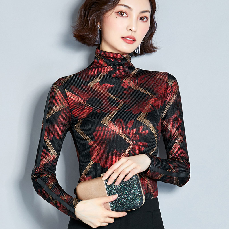 秋冬韩版新款高领印花烫金修身显瘦加大码弹力打底衫女T恤衫上衣