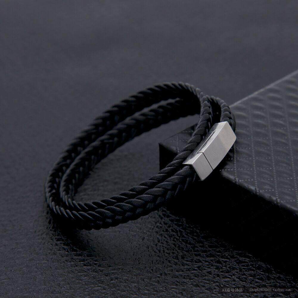 欧美时尚男士双层编织手环高档小羊皮手镯嘻哈休闲配饰_7折现价42.