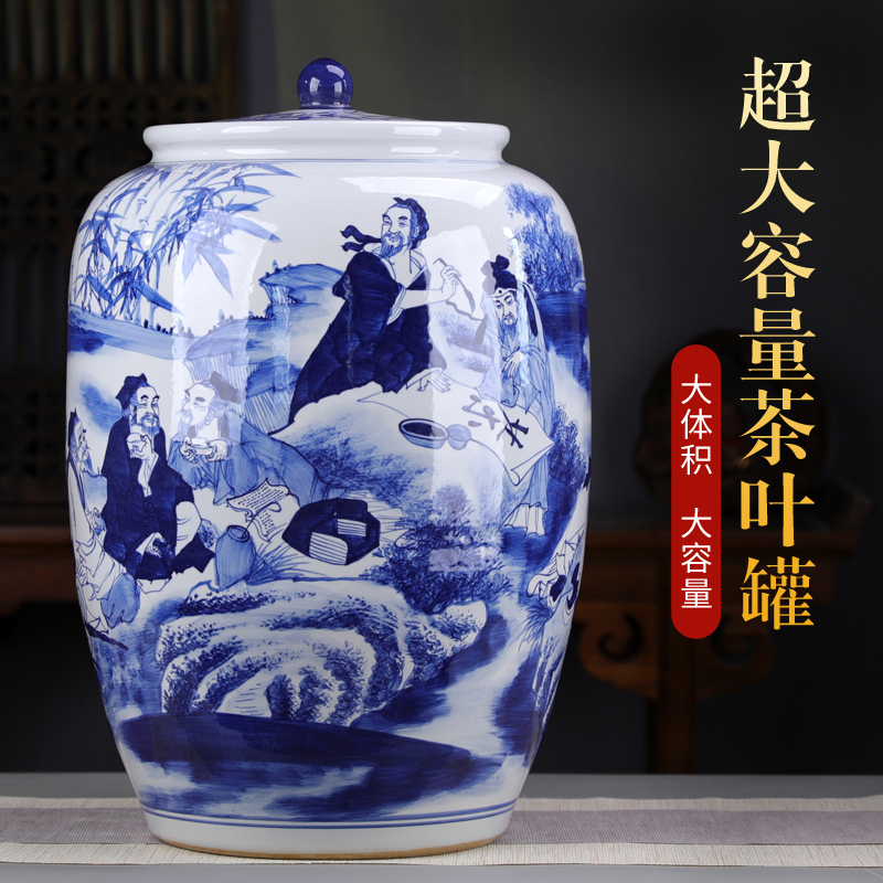 Jingdezhen hand made blue and white porcelain tea pot size large pu 'er tea cake storage tanks to heavy cylinder code tea bucket