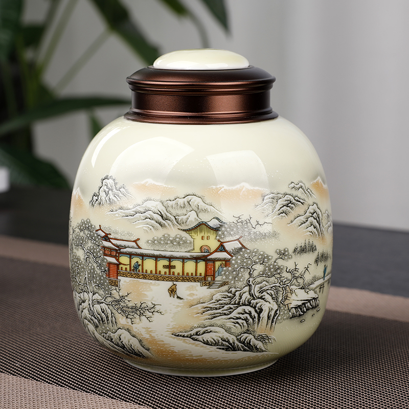 The west lake longjing tea pot ceramic seal pot metal cover storage POTS small jingdezhen tea, green tea