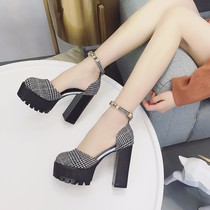 Waterproof table round head high heels thick heel shoes Europe and the United States spring and autumn 2020 new shallow word buckle wild work shoes