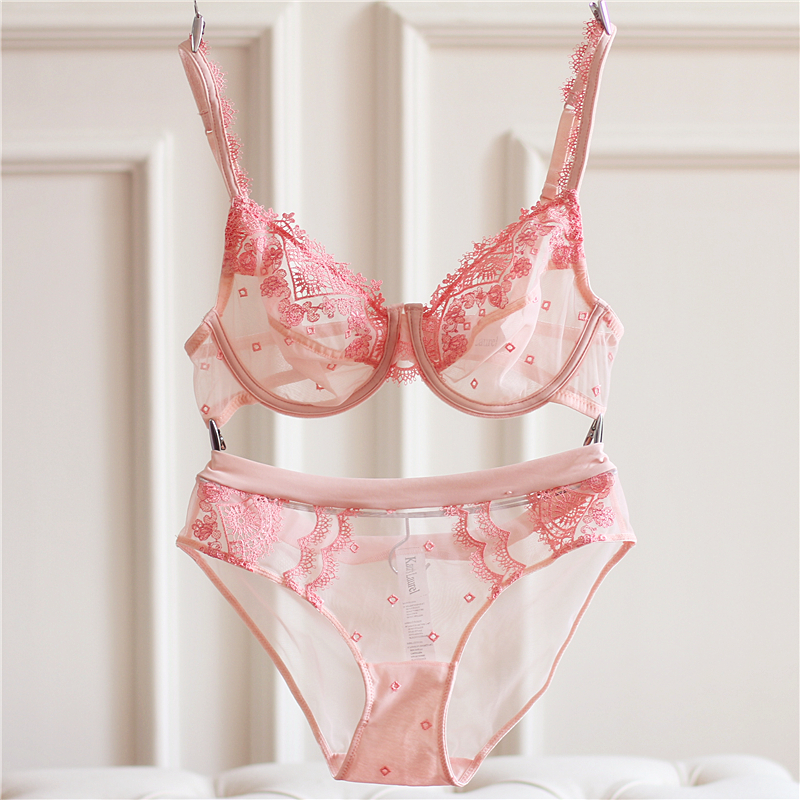 欧美女士文胸超薄透明镂空蕾丝网纱刺绣诱惑胸罩少女内衣套装新品