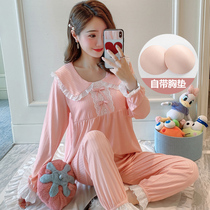 Lady Spring Season Lady With Chest Cushion Sleepwear Long Sleeve Pure Cotton Home Clothing Casual Sweetness Lace Dolls Collar Suit Summer Dress