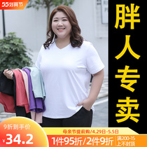 Big code Women in summer t-shirt with slim fit 200 catty mm pure cotton loose V collar added fat to enlarge short sleeve belly jacket