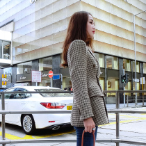 Hino Houndstooth small suit wool coat female British style small plaid medium long thin suit autumn and winter