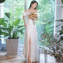 One shoulder wedding dress 2021 new bride satin senior sense light wedding dress small dress Brigade