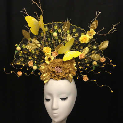 Golden Flowers and Butterflies Retro-ancient Chinese Style Stage Modeling Exaggerates Fans Walking Show Photographic Hair Accessories