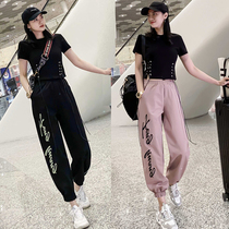 Sports Suit Womens Tide Cards Fashion Summer New Korean version Lean Trendy Ocean Gas Casual two sets of playful students