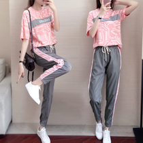 Sports Casual Suit Women Wave Cards Loose Korean Version Fashion 2020 Summer Clothes Students Running Suit Short Sleeves Two Sets