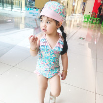 Korean version of Korean version female baby Broken Flowers Skirt Style Conjoined Childrens Swimsuit Cuddling Cute Swimsuit With Hood