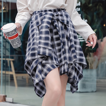 Large size plaid skirt women fat mm irregular skirt summer 2021 New 200 Jin slim shirt skirt