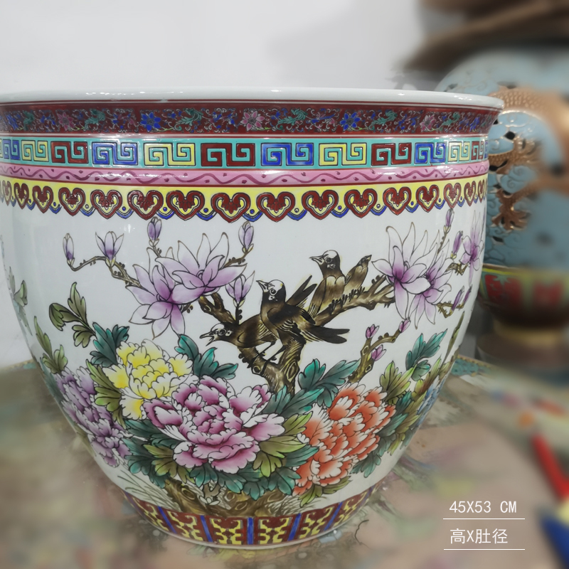 Jingdezhen painting enamel peony large cylinder diameter 50 cm ceramic art painting and calligraphy art ceramic cylinder